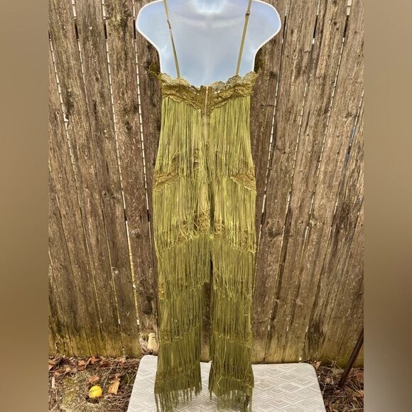 🍄MissOrd Olive Green Fringe Tassel Jumpsuit Lace Size L (AA1) - Picture 8 of 13